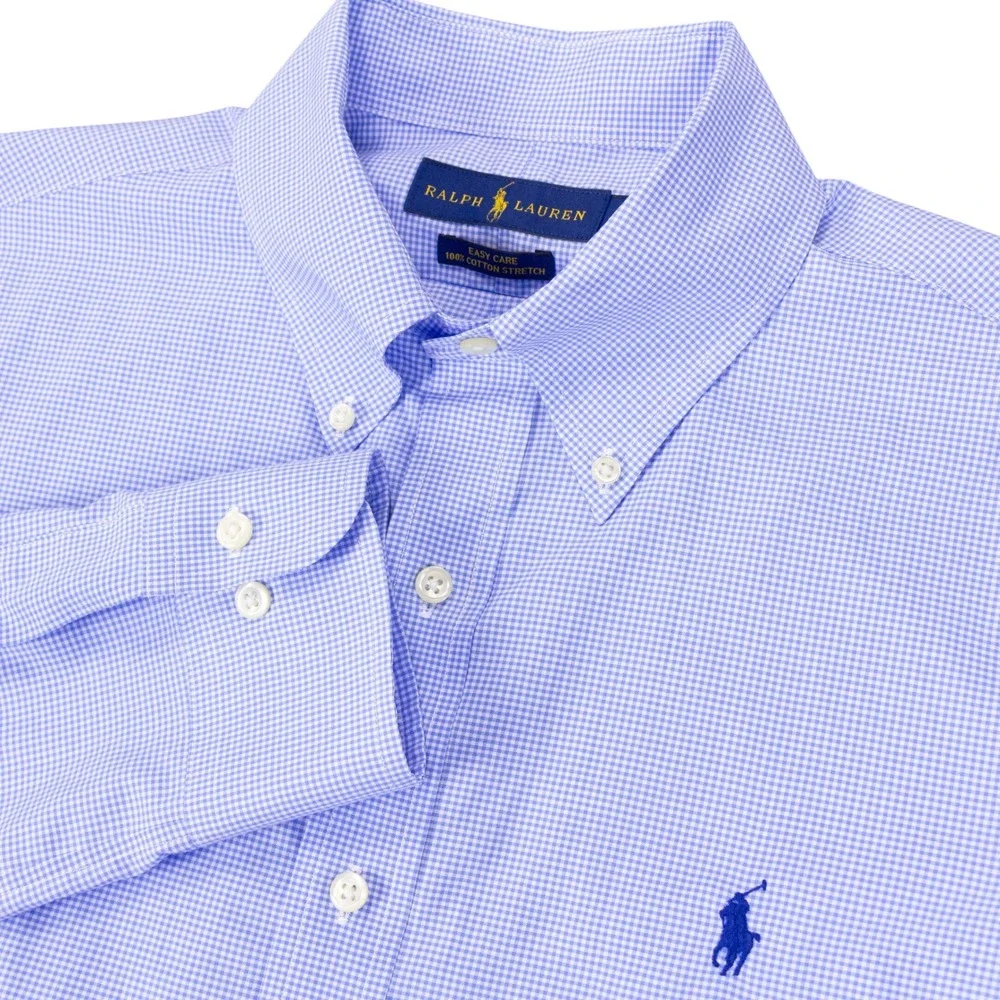 Polo Ralph Lauren Shirt Mens 15.5 34/35 Blue Gingham Cotton Stretch Button Down